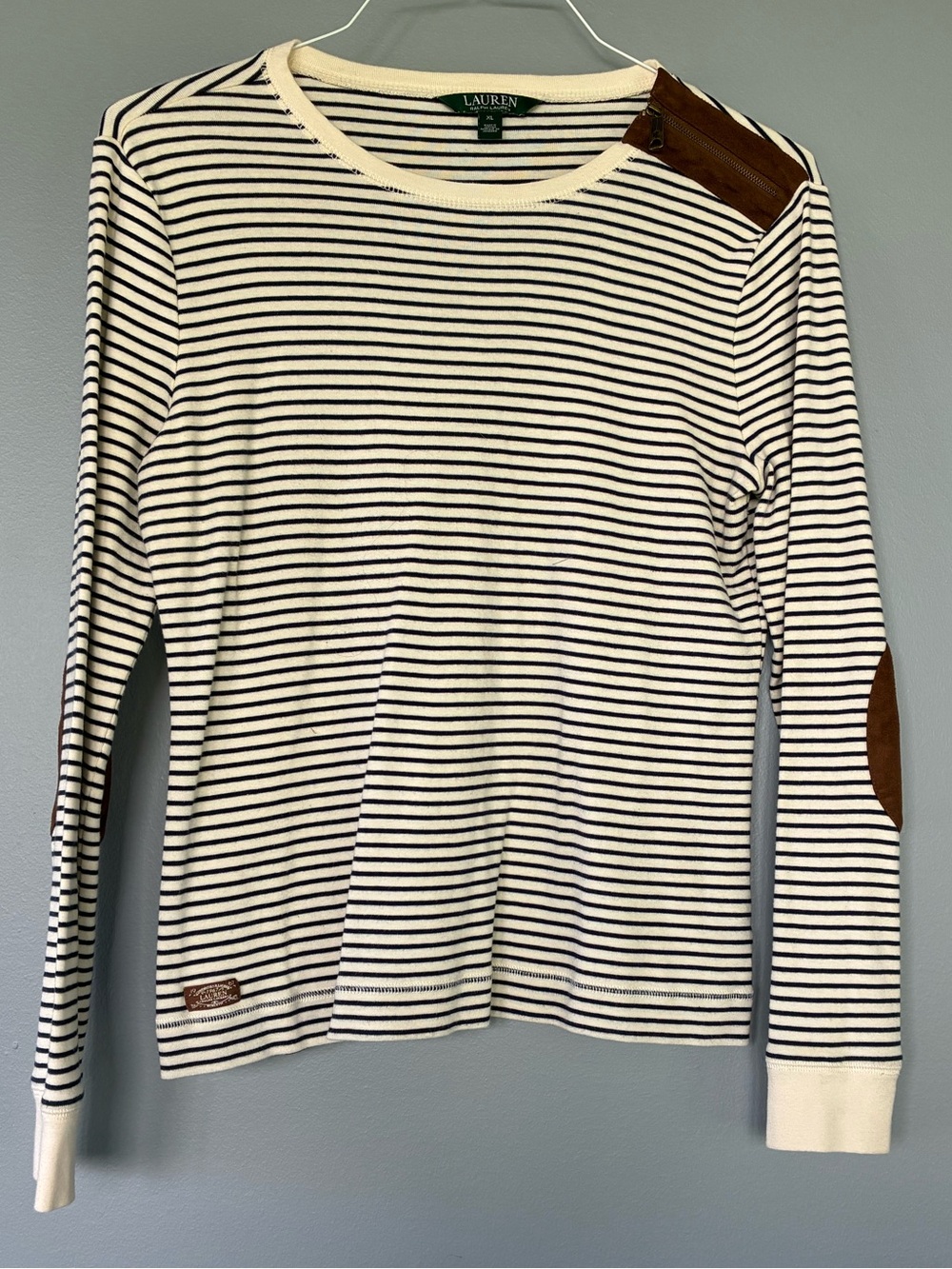 Ralph Lauren Cream and Navy Striped Crewneck Sweater with Brown Elbow Patches XL